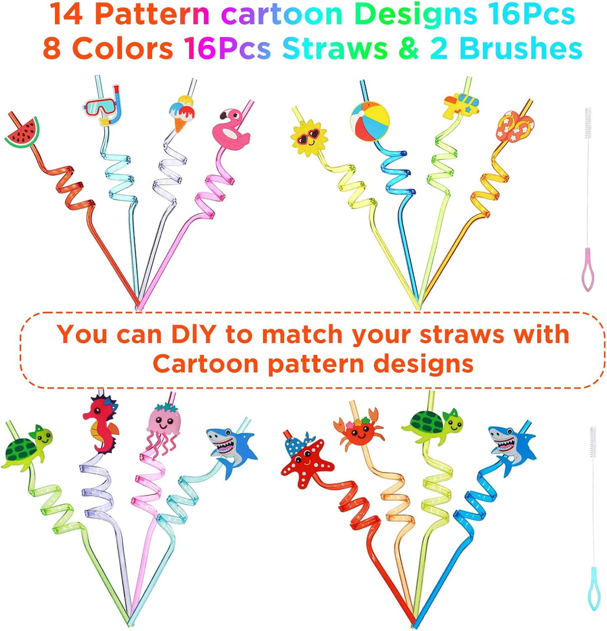 QKP 16PCS Reusable Sea Animal Beach Straws, Swirly Drinking Straws for Party Favors, Birthday Party Supplies with 2 PCS Cleaning Brushes(Pink + Blue)
