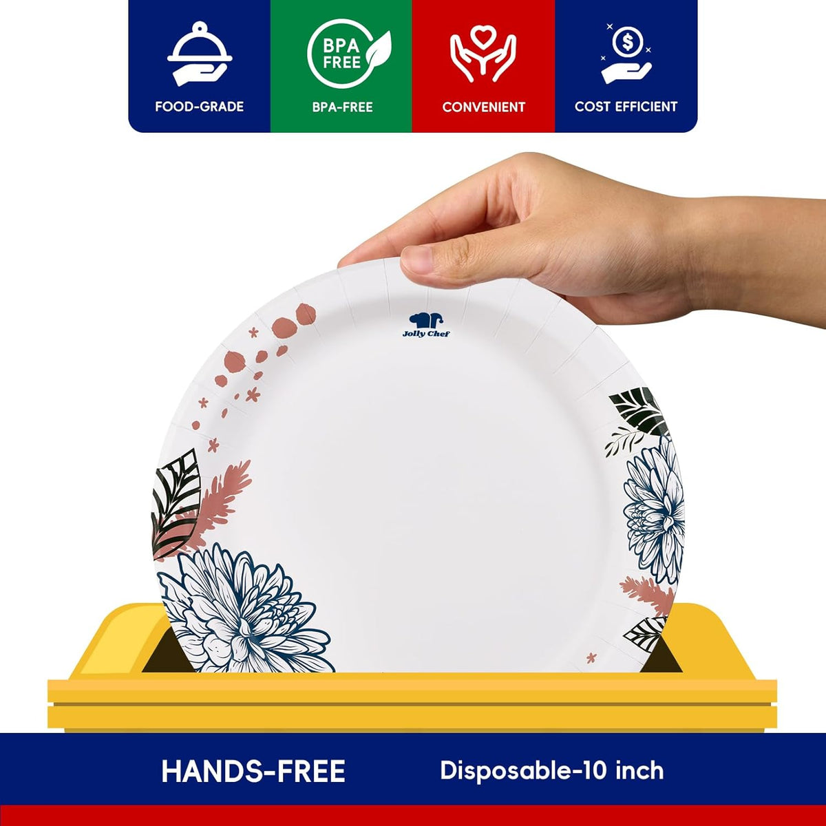 JOLLY CHEF 𝟭𝟰𝟬 𝗖𝗼𝘂𝗻𝘁 𝗣𝗮𝗽𝗲𝗿 𝗣𝗹𝗮𝘁𝗲𝘀 𝟭𝟬 𝗶𝗻𝗰𝗵 Soak Proof, Cut Proof, Heavy Duty Flower Printed Disposable Paper Plates for Everyday Use