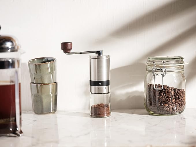 Manual Coffee Bean Grinder | 6 Coarseness Settings | Espresso, Cold Brew, French Press, Drip, | Burr Hand Mill | Home, Portable, Camping, Travel
