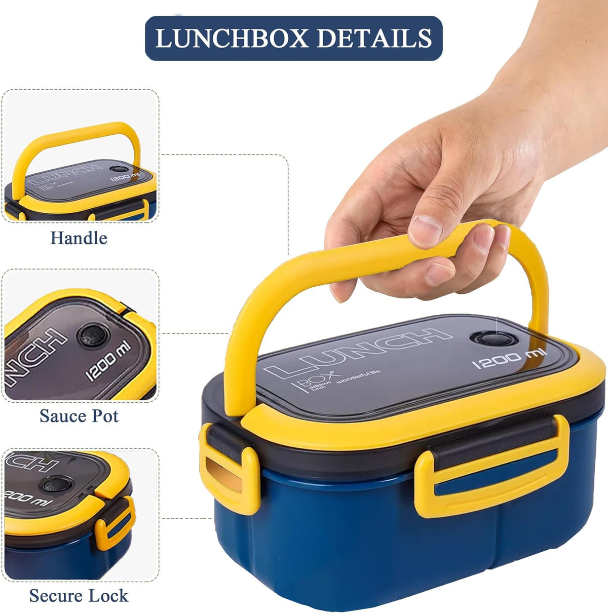 Bento Box Adult, Lunch Box for Men and Women, 1200ML Leak-proof Double-layered with Handle Lunchbox, Reusable BPA-Free Lunch Container, Microwave/Dishwasher Safe, Snack Box with Cutlery Set, Blue