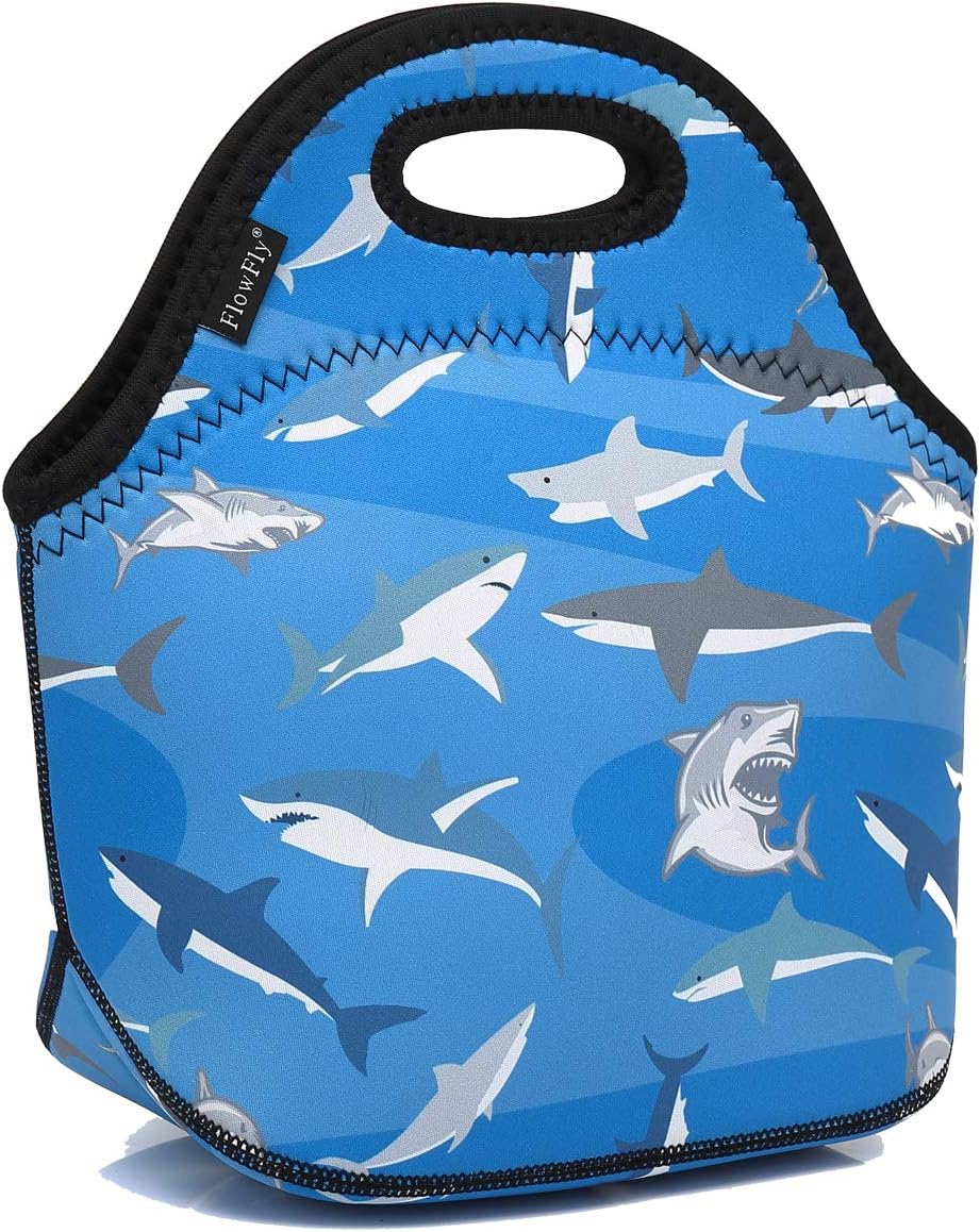 FlowFly Neoprene Kids Lunch box Insulated Soft Bag Mini Cooler Thermal Meal Tote Kit for Boys, Girls,Men,Women,School,Work, Office, Shark