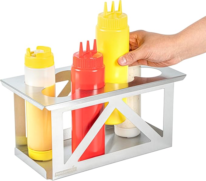 Restaurantware Squeeze Bottle Holder Pack of 1 Stainless Steel 8 Hole Bottle Holder, 2.5" Diameter Fits 1/3 Size Opening, Dishwasher Friendly Integrated Lip Design Holder for Condiment Bottles