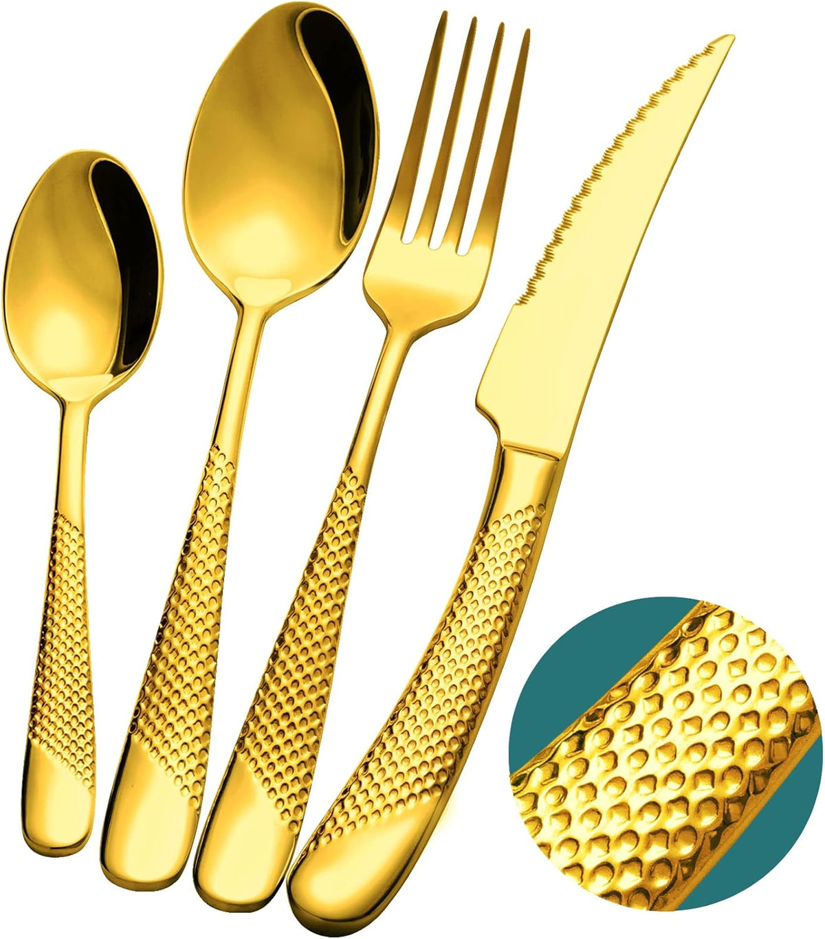 16-Piece Luxury Gold Hammered Silverware Set with Ultra Sharp 2-IN-1 Serrated Knife, 18/10 Stainless Steel Flatware Set, Tableware Cutlery Set for 4, Forks Spoons Knives Set