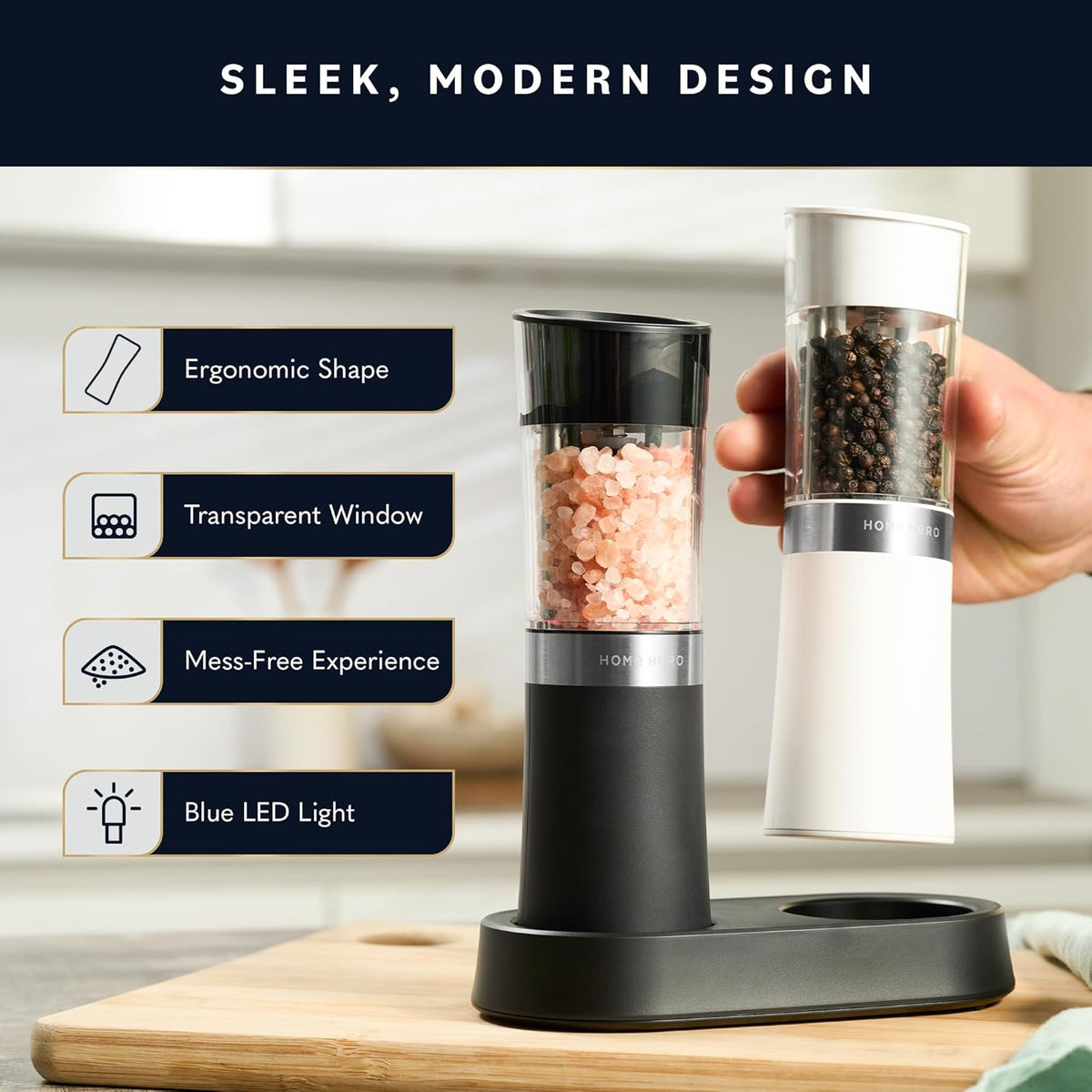 Home Hero Electric Salt and Pepper Grinder Set - Automatic Salt and Pepper Grinder Set Rechargeable. Electronic Salt and Pepper Shakers with LED Light, Gravity Electric Pepper & Salt Grinder, Set of 2