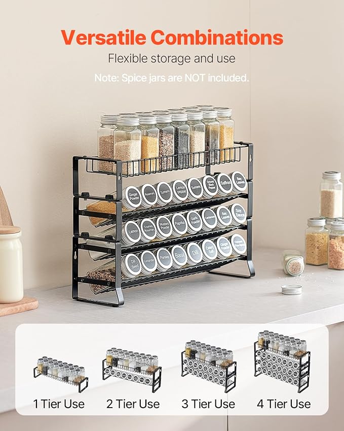 VEVOR Detachable Spice Rack Organizer for Cabinet, 4 Tie Stackable Seasoning Organizer, Spice Jars Kitchen Storage for Countertop Kitchen Pantry Cupboard, 15.8x10.7 in