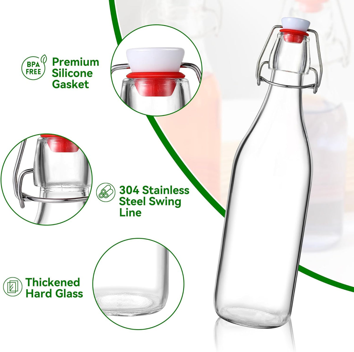 Leetaltree 4 Pack 16OZ Swing Top Glass Bottles Set, Brewing with Airtight Lid, Flip Top for Kombucha, Beverages, Beer, Oils-With Gaskets, Pourers, Etc