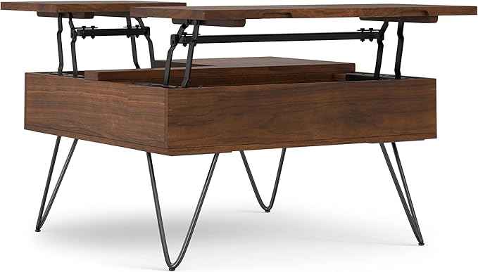 SIMPLIHOME Hunter Lift Top Coffee Table - 32 inch Wide Walnut Veneer and Metal Industrial Square Cocktail Table, Living Room Table with Dual Lift Tops, Hidden Storage and Hairpin Legs