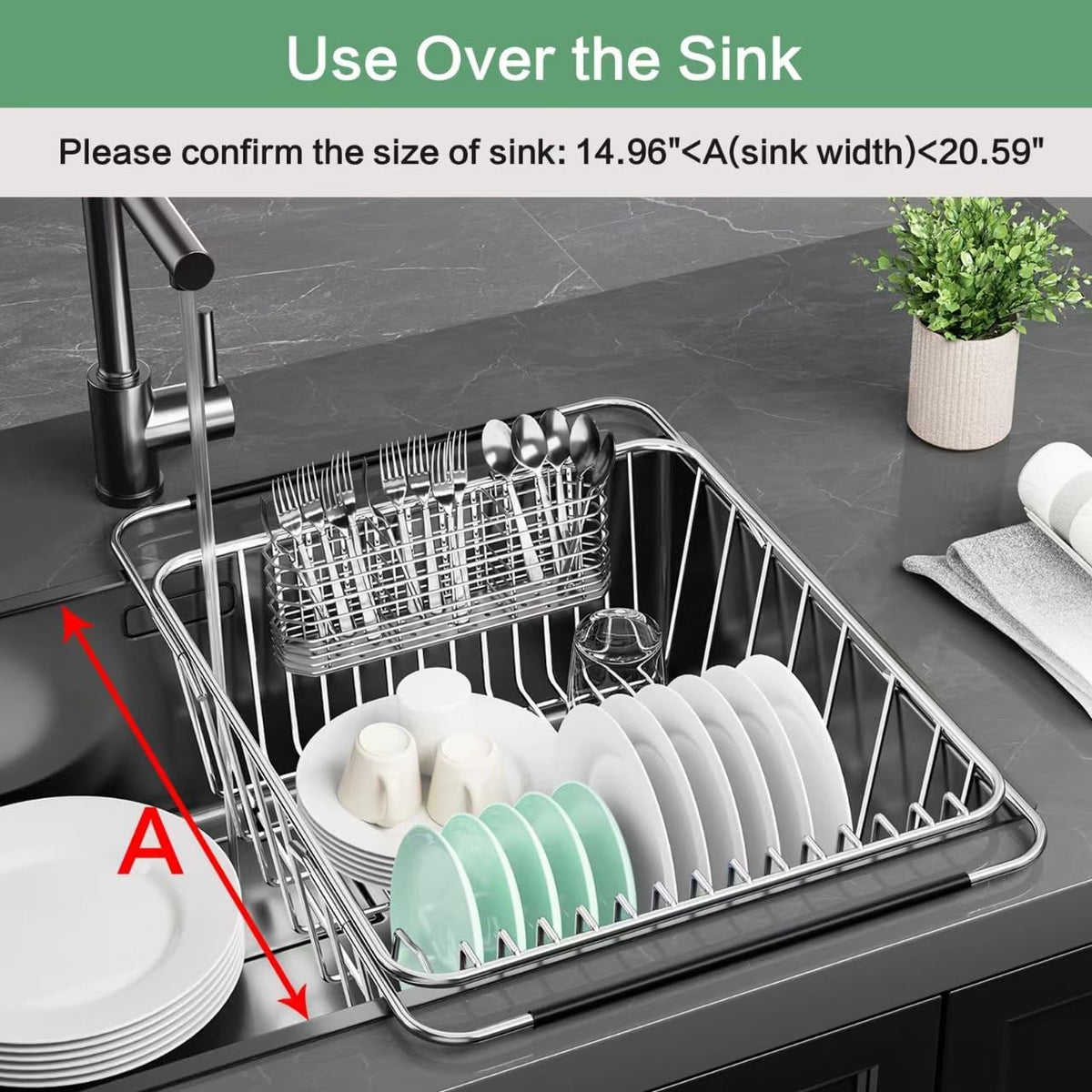 Large Sink Dish Drying Rack, Expandable 304 Stainless Steel Metal Dish Drainer Rack Organizer Shelves with Stainless Steel Utensil Holder Over Inside Sink, Rustproof