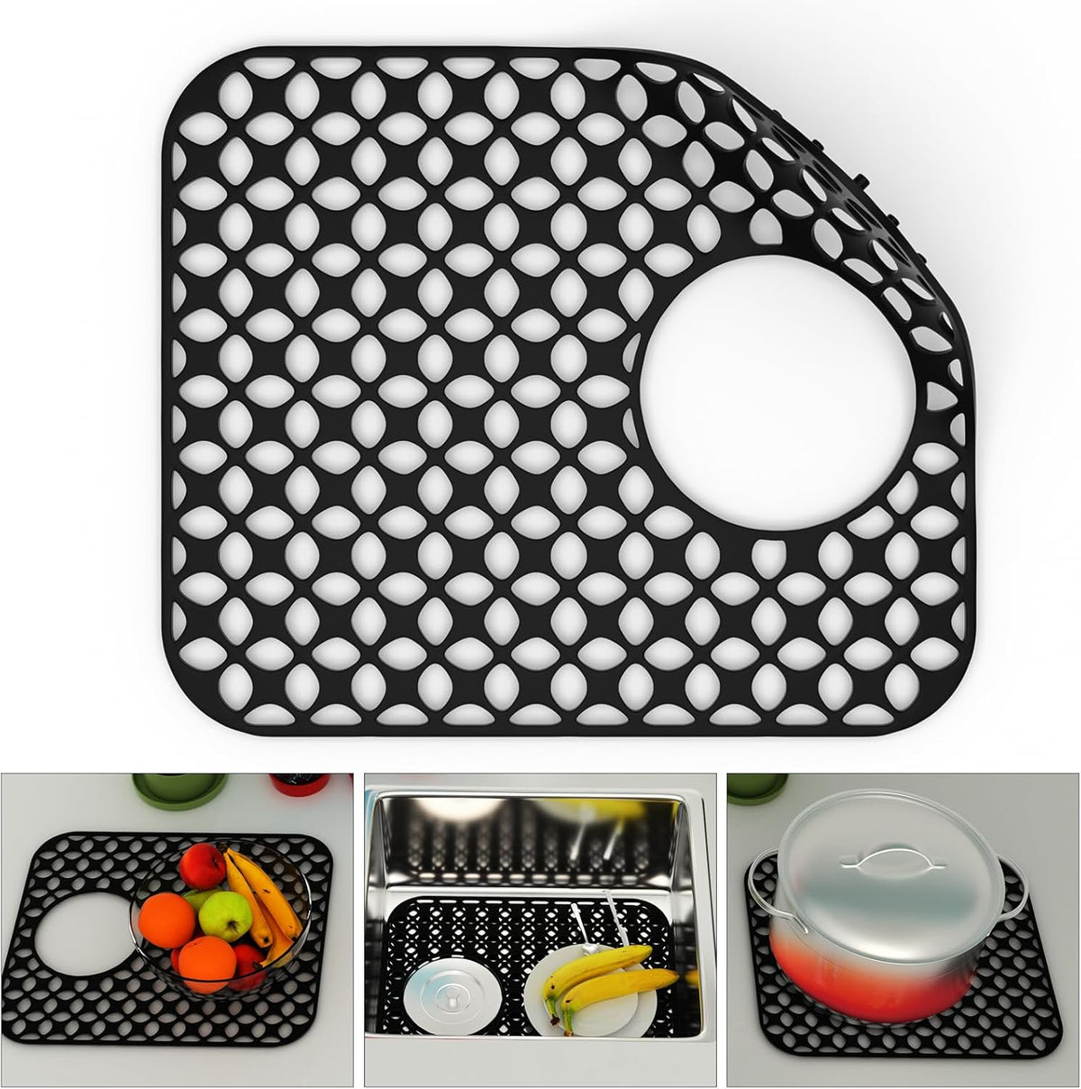 TOOVEM Sink Protectors for Kitchen Sink, Kitchen Stainless Ceramic, Folding Non-slip Mat, Heat Resistant Silicone Mat 1 Pcs, Black, 13.58 ''x 11.6 '' Rear Drain