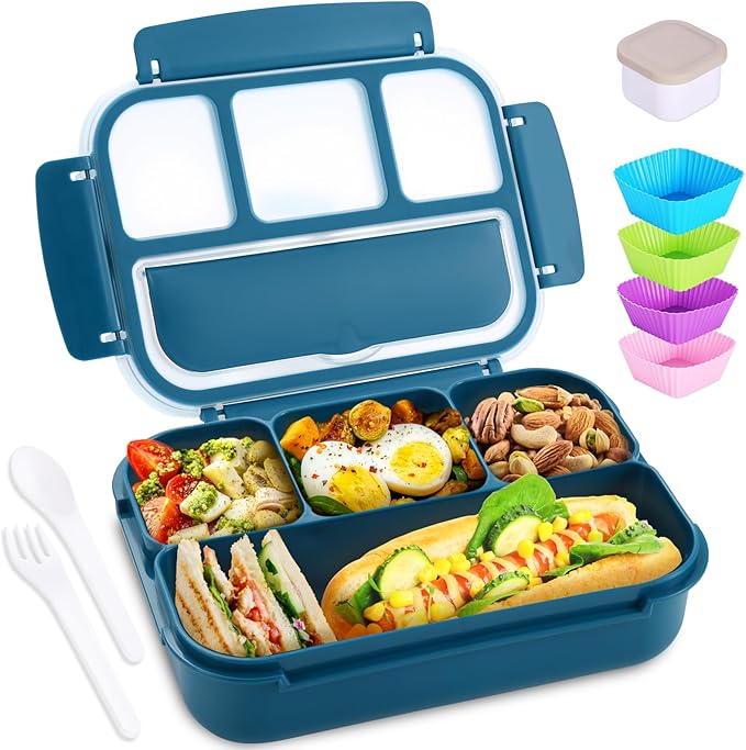 shell and turtle Bento Box Adult Lunch Box, Kids Lunch Containers for School with 4 Compartments, with Utensils, Sauce Jar, Muffin Liners, Microwave Safe, Navy