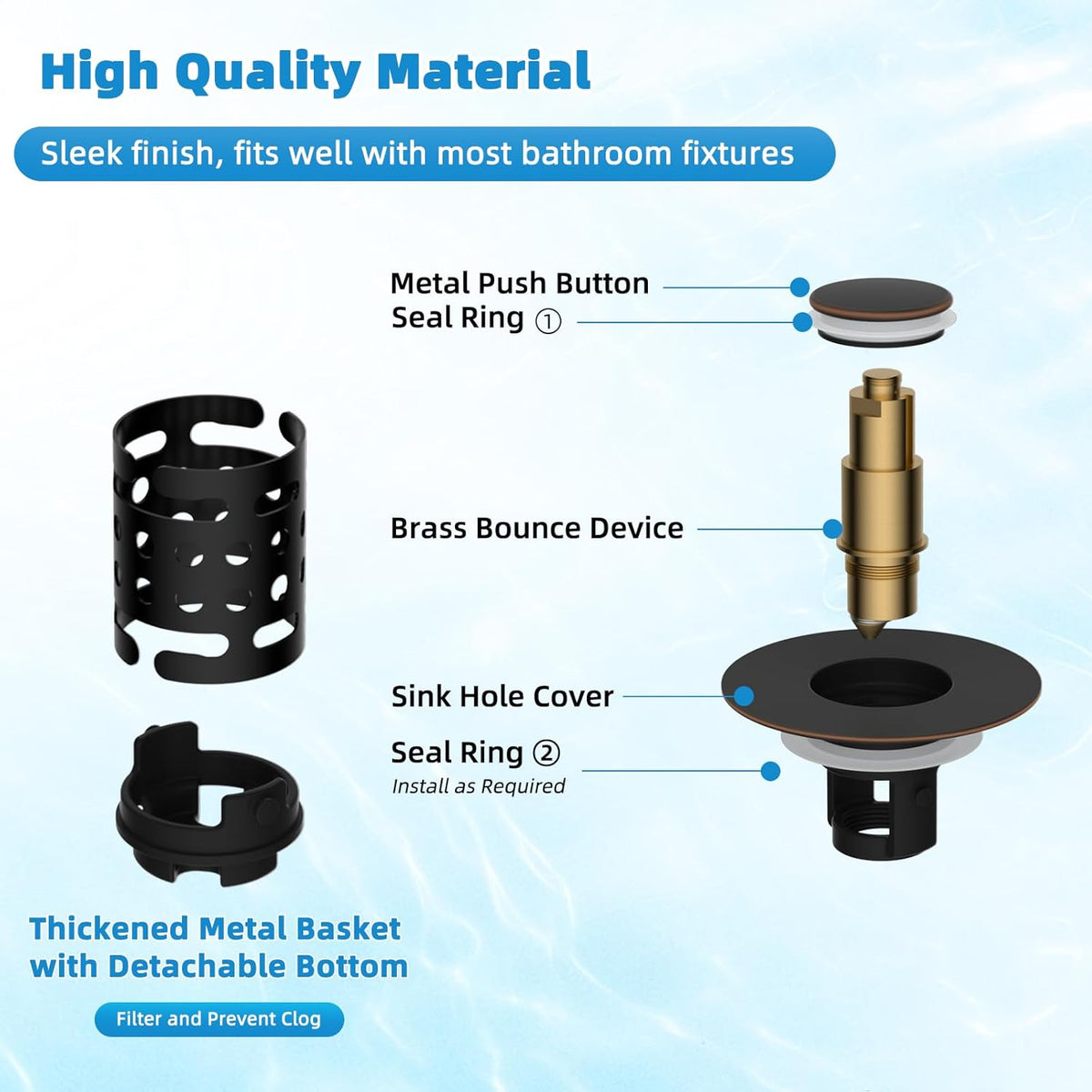 Universal Bathroom Sink Stopper Hair Catcher Upgraded with 2-Layer Detachable Filter Basket, 4 in 1 Pop Up Drain Strainer, Anti-Clog, Odor-Block, Fit for 1.1''~2.36'' Sinks, Oil Rubbed Bronze