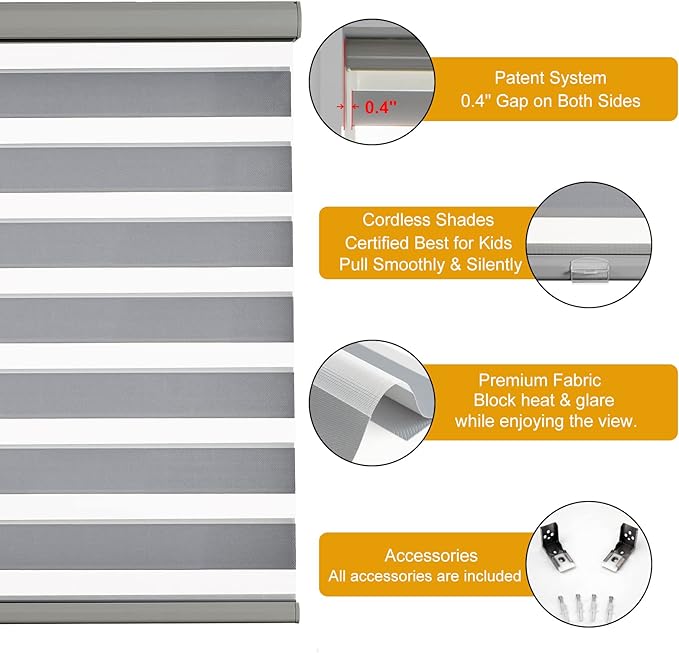 Persilux Cordless Zebra Blinds for Windows Free-Stop Roller Windows Shades (24" W X 72" H, Grey) Dual Layer Light Control for Day and Night, Light Filtering Sheer Shades for Home, Bedroom