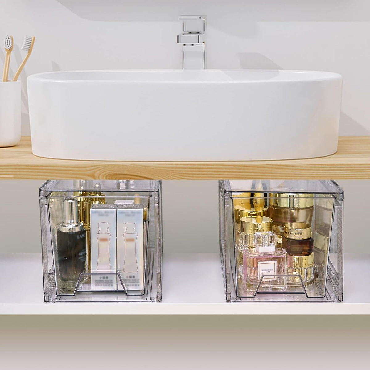 JollyPack 2 Pack Clear Stackable Storage Drawers, Easy to Assemble Multi-Use Bathroom Organizers and Storage, Suitable for Vanity, Bathroom, Makeup, Under Sink, Office, Kitchen and Pantry