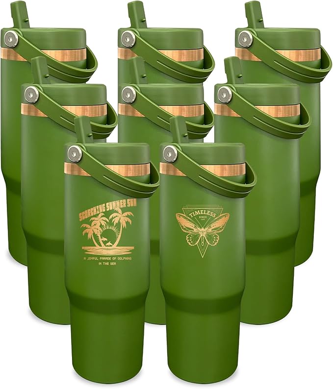 30 oz Tumbler Bulk with Handle and Straw, Vacuum Insulated Tumblers with Flip Straw and Top Handle, Leakproof Powder Coated Tumbler, Stainless Steel Travel Mug for Coffee (Army Green, 8 Pack)