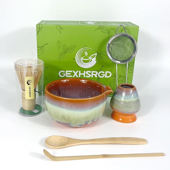 Matcha Whisk Set 6 pc Kit - Traditional Japanese Chasen, Bamboo Whisk Holder, Ceramic Bowl with Spout, Sifter & 2 pc Spoons - matcha kit set, Gift for Matcha Tea Lovers (Gradient Orange)
