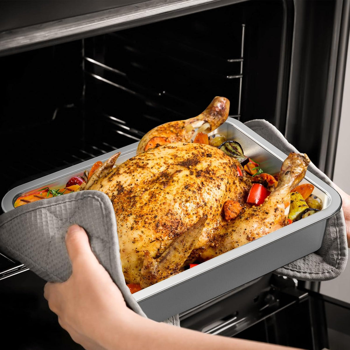 onlyfire Stainless Steel Baking Pan Barbeque Grilling Pan for Baking Breads, Grilling Chicken, Vegetables, 14" X 10.5" X 2.8"