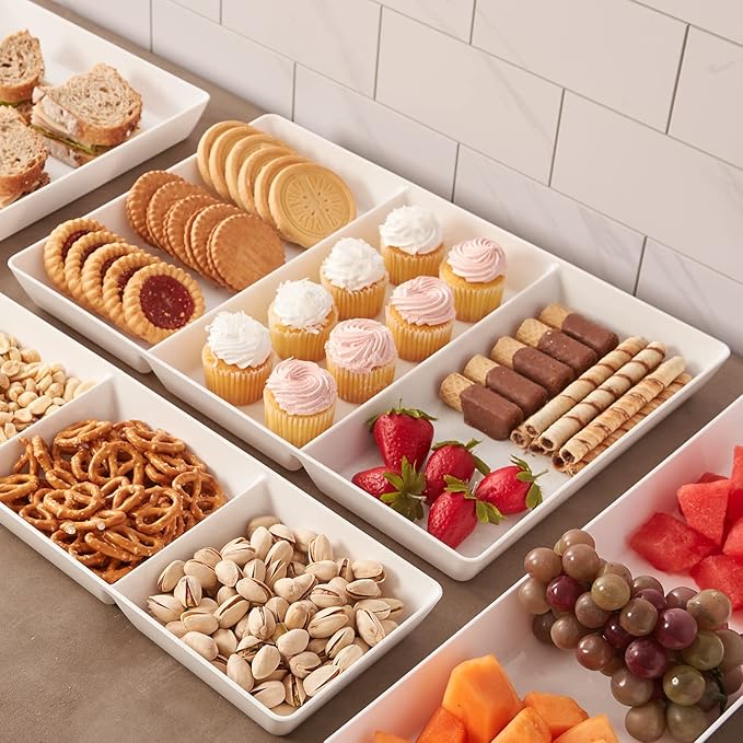 US Acrylic Avant White Plastic Divided Serving Trays (Set of 3) 15” x 10” | Large Reusable 3-Section Party Platters | Serve Appetizers, Fruit, Veggies, & Desserts | BPA-Free & Made in USA