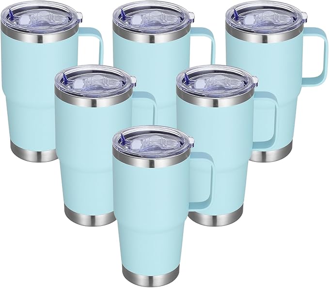 20 oz Stainless Steel Tumbler with Handle Bulk Metal Insulated Tumblers Travel Coffee Mug with Handle Double Wall Tumbler Cup with Lid and Straw, Mint Green 6 Pack