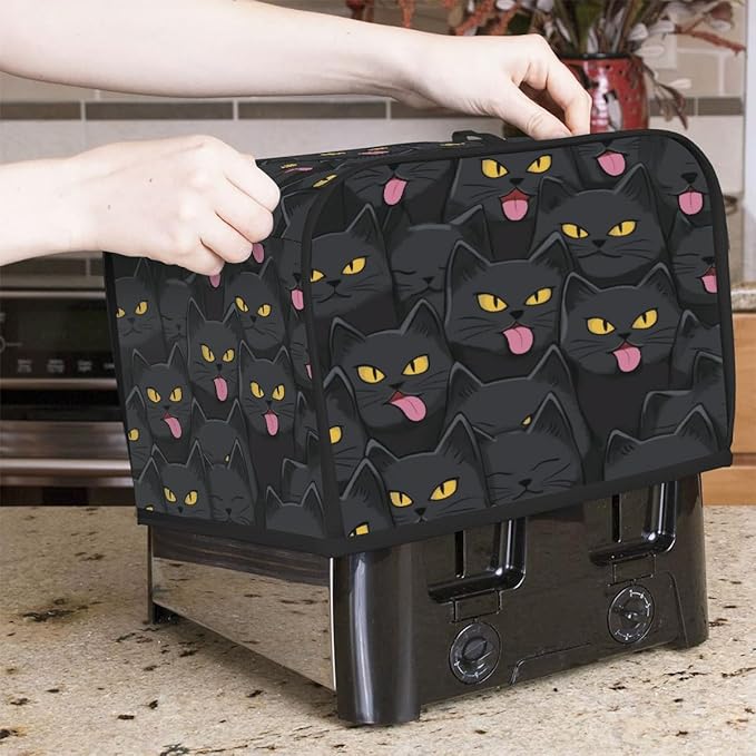 4 Slice Toaster Cover,Halloween Black Cat Eyes Small Kitchen Appliance Bread Machine Cover with Pockets,Dust & Fingerprint Protection