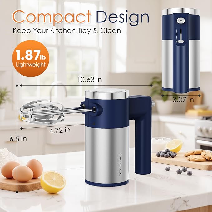 Powerful 600W Hand Mixer, 5-Speed Electric Hand Held Mixer for Baking, Lightweight Stainless Steel Hand Beaters *2 & Dough Hooks*2 with Eject Button, Kitchen Mixer for Cream, Cookies, Dough-Blue