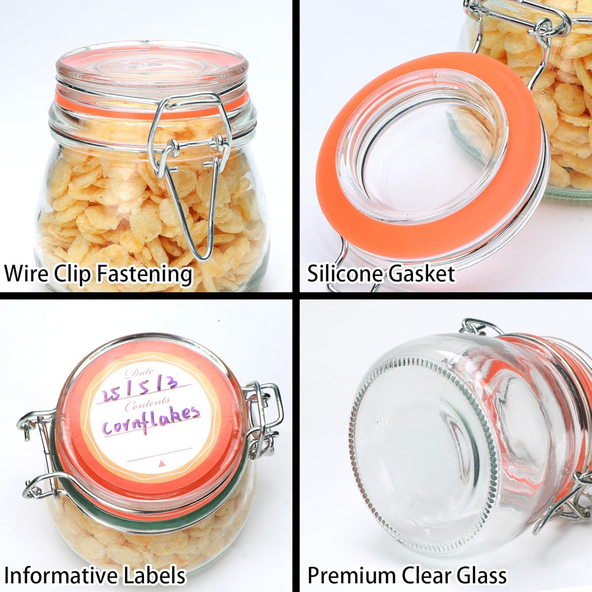 5oz 6pack Glass Jars with Airtight Lid, Glass Food Storage Containers with Lids, Mason Jars, Wire Clip Fastening for Cereal, Flour, Cookie, Spice, Honey, Kitchen Canning