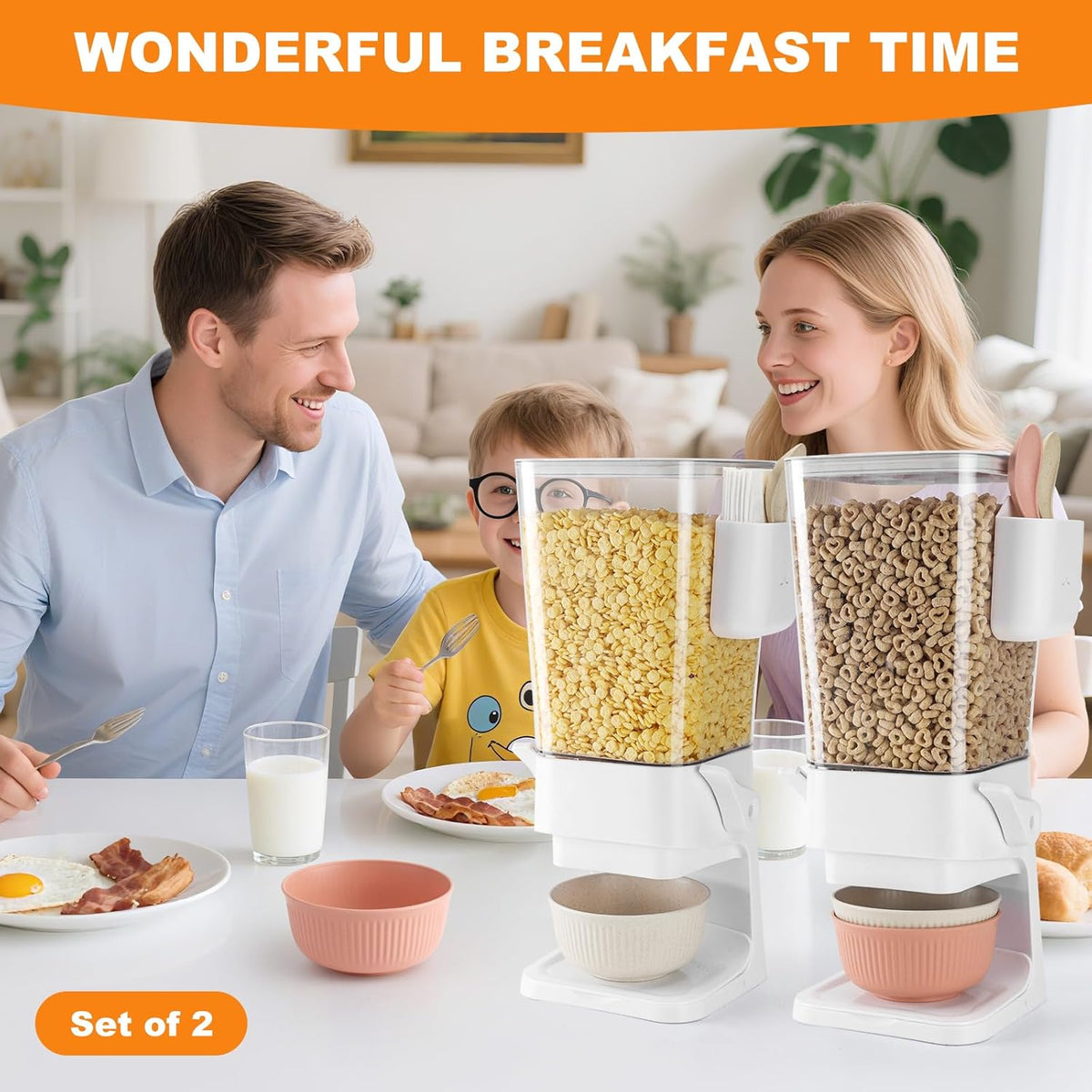 Cereal Dispenser Countertop 2 Pack with Bowls Spoons Cutlery Box,5.5 QT Dry Food Dispenser Snack Organizer Containers Storage with Lids for Pantry Kitchen Organization Oatmeal Nut Granola Candy