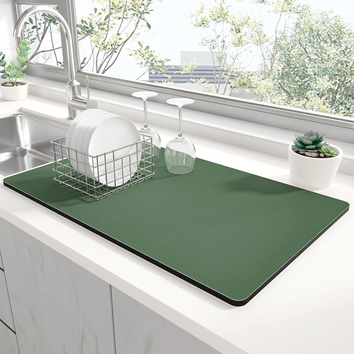 Rnivvi Dish Drying Mat for Kitchen Counter, 12 x 19" Super Absorbent Drainer Pad Easy Clean Dish Rack Pad, Non-Slip Heat Resistant Coffee Bar Mats for Coffee Machine Station Accessories, Forest Green