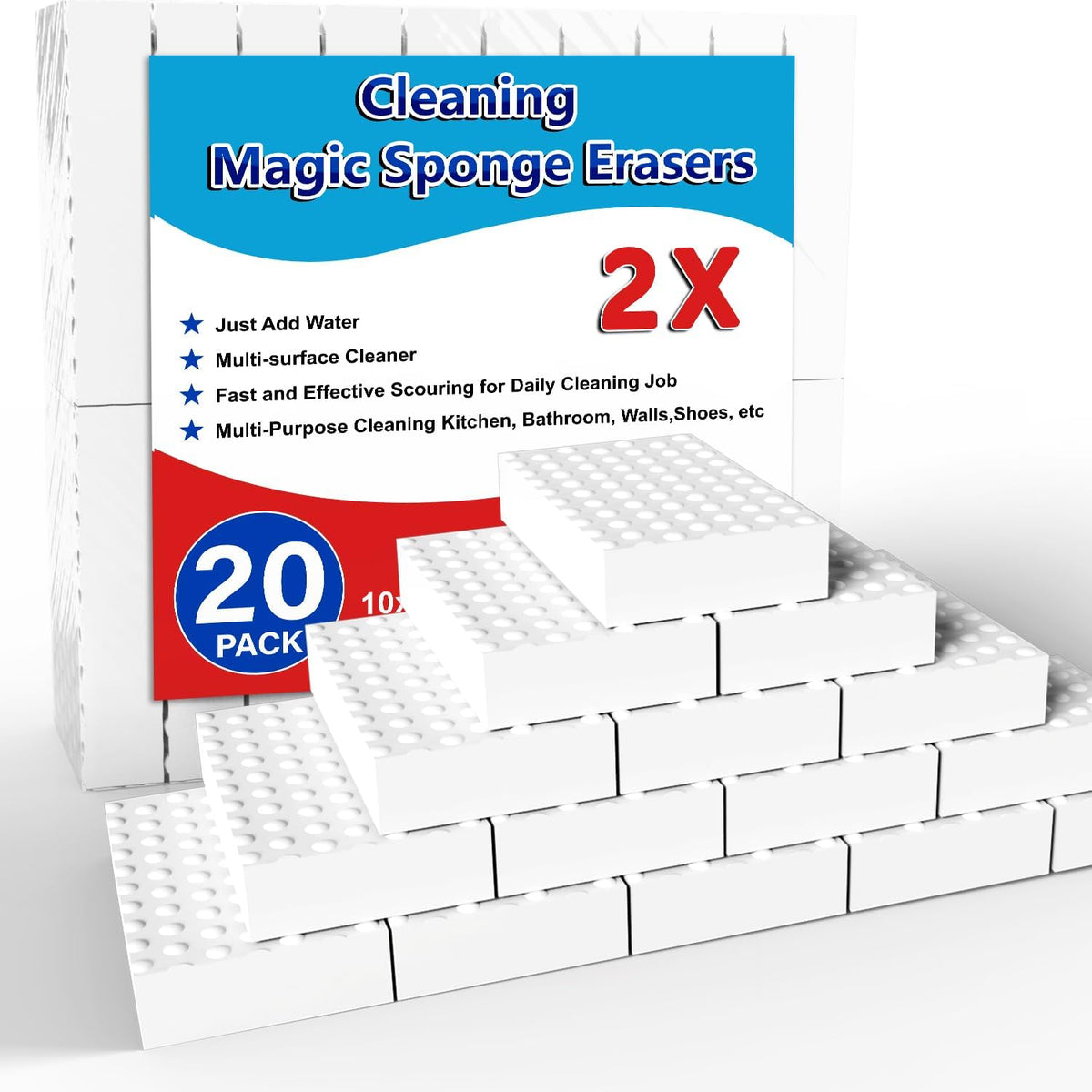 Magic Sponge Erasers, 20 Pack 2X Density Stronger Melamine Sponge Foam Pads, Multi-Functional Household Cleaning Supplies Cleaner for Kitchen, Bathroom, Bathtub, Sink, Wall Cleaner