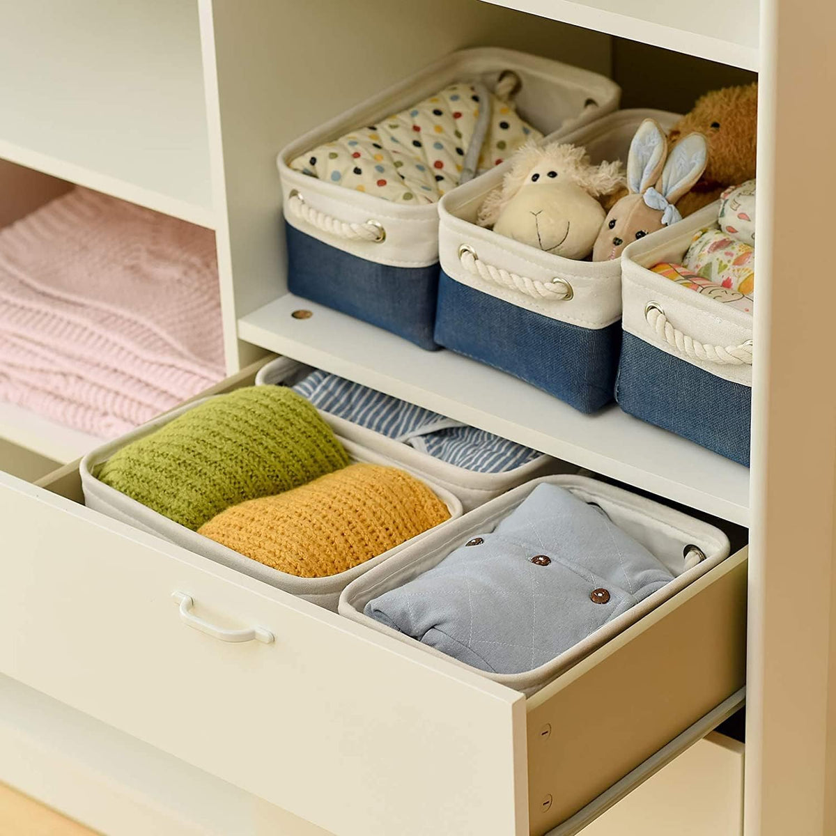 TheWarmHome Storage Bins for Shelves - 12x8x5.2 inch 1 Pack Baskets for Gifts Empty, Fabric Storage Cubes for Closet Organizing Dog Gift Cloth Toy (White & Jean Blue)