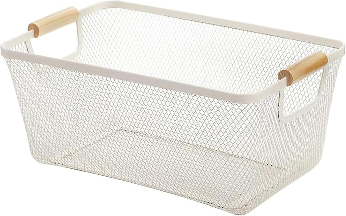 Metal Mesh Steel Basket, Medium Wire Storage Organizer Basket Multi-function Hanging Kitchen Basket with Wood Handle for Kitchen Bathroom Picnic Home, Rectangle-Off White