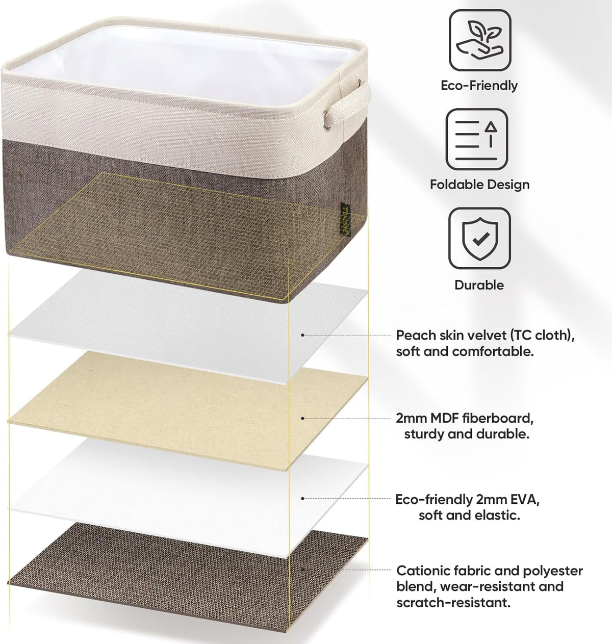 BALEINE 4 Pack Fabric Storage Bins for Shelves, Linen Storage Baskets for Organizing, Decorative Closet Bins for Clothes, Home (Brown, 12"x8"x8")