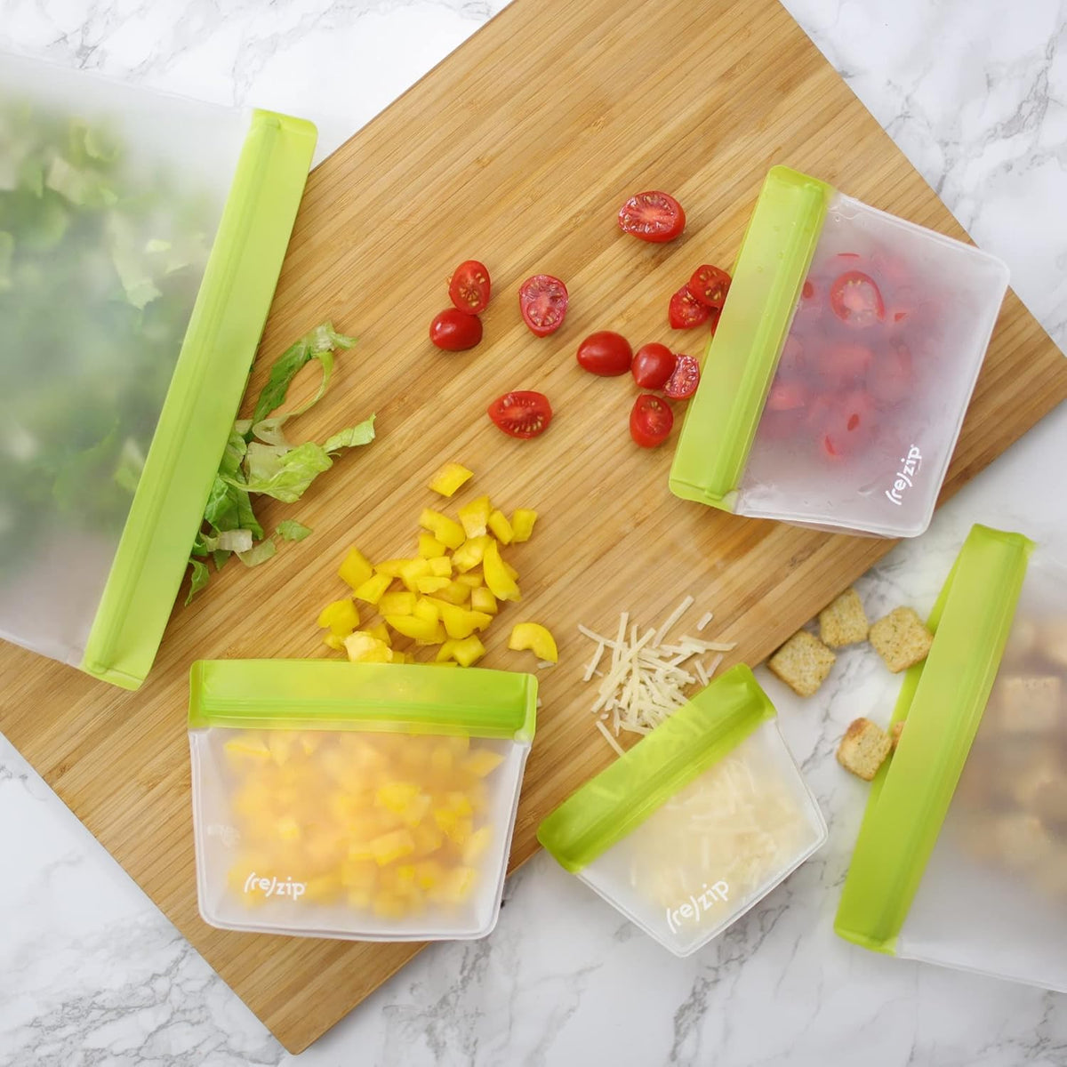 (re) zip 3-Piece Stand-Up Reusable Bag Kit | BPA-Free, Food Grade, Leakproof, Freezer and Dishwasher Safe | Quart (1), 2-Cup (1), Snack (1) | Green