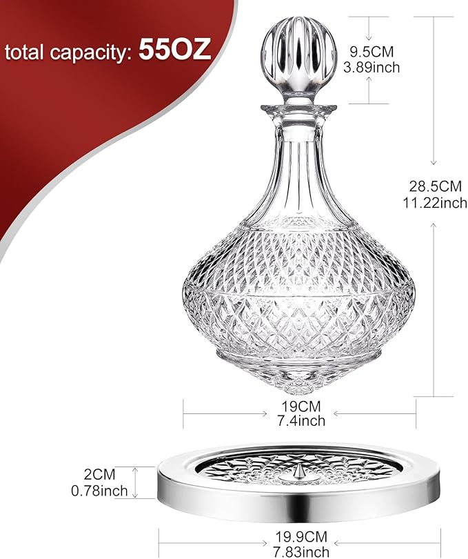 spinning wine decanter with stopper, 50 oz red wine decanter crystal and gift box, for wedding gift, birthday, helovers'day, christmas day.