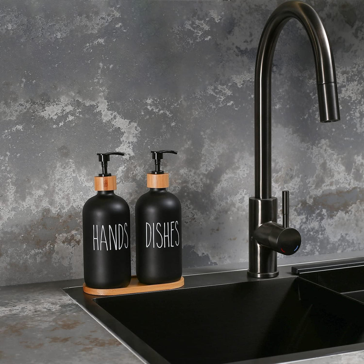 MOMEEMO Black Soap Dispenser Set, Contains Hand and Dish Soap Dispenser, Suitable for Kitchen Decor. (Black)