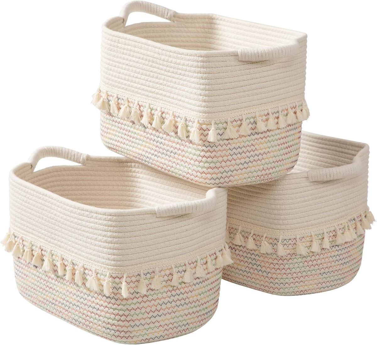 TeoKJ Woven Baskets for Storage, Set of 3 Cotton Rope Basket with Handle for Decor and Storage, Cute Baskets for Organizing in Classroom, Kitchen, Bathroom, White & Stitches Rainbow