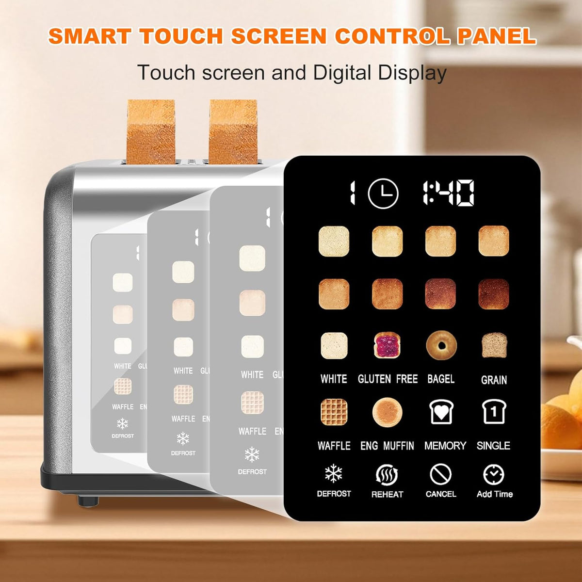 2 Slice Toaster Touch Screen, Stainless Steel Toasters Digital Timer 2 Slot Toasters, 8 Shade Settings 6 Bread Types for Bagel, Cancel, Defrost (Grey）