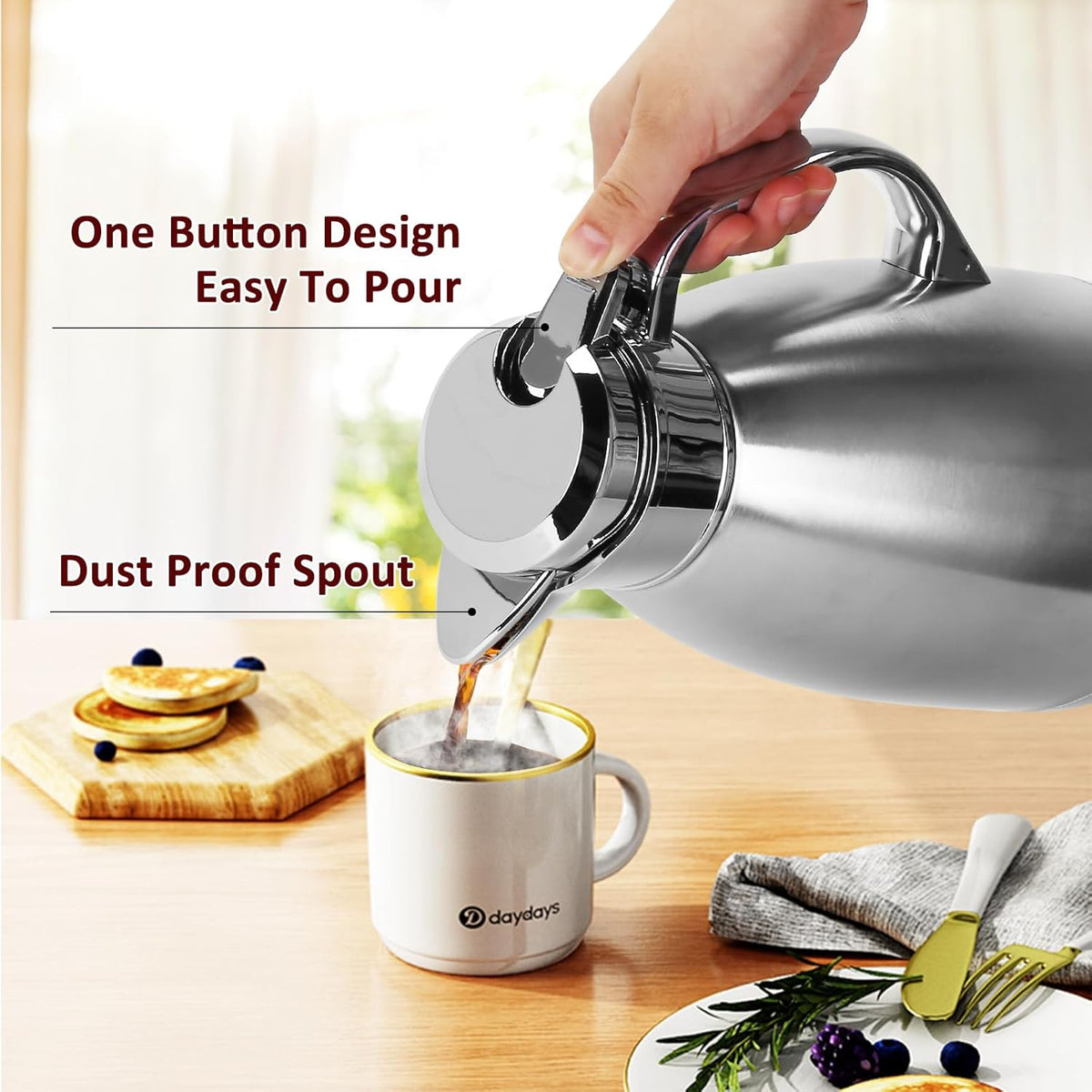 Coffee Carafes for Keeping Hot, ShineMe Stainless Steel Thermal Coffee Carafe with Cleaning Brush, Double Walled Vacuum Coffee Pot，61oz Insulated Tea & Coffee Dispenser, Long Heat/Cold Retention