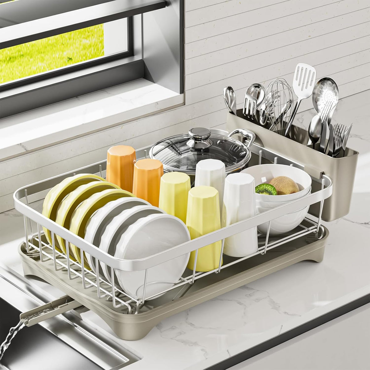 Stainless Steel Dish Drying Rack – 304 Grade Dish Racks for Kitchen Counter with Utensil Holder & Adjustable Spout, Space-Saving Organizer, 16.5" x 11.8" x 5.3" Grey