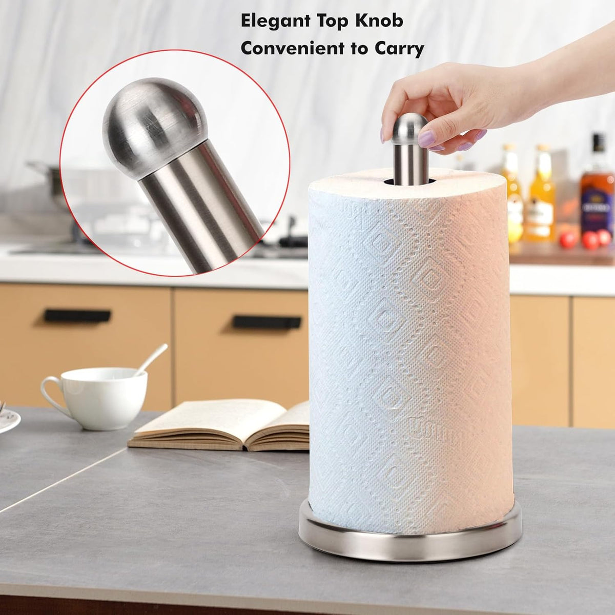 Paper Towel Holder Stand with Sturdy Base Fits Standard and Jumbo Sized Paper Towel, Paper Towel Holder Countertop (Brushed Nickel)