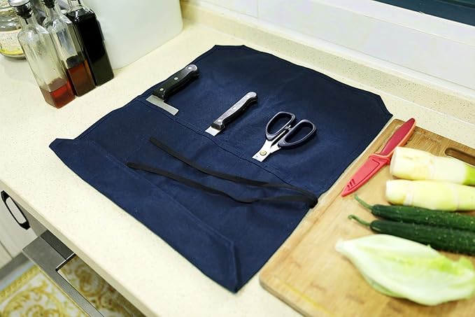 Knife Bag, Heavy Duty 16oz Waxed Canvas 7-Slots Knife Roll Storage Bag, Blue