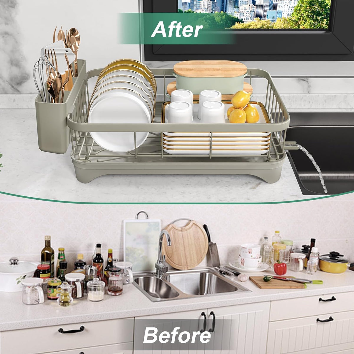 Kitchen Dish Drying Rack – Large Capacity Single Tier Dish Drainer with Drainboard & Utensil Holders, Kitchen Organizer for Dishes, Spoons and Forks, Grey
