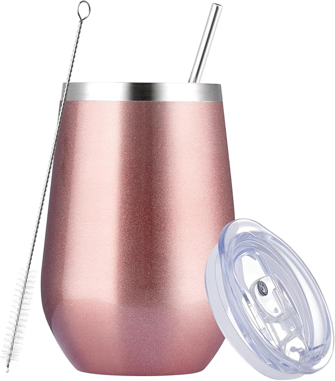 MEWAY Stemless 12oz Insulated Wine Tumbler with Lid and Straw - Double Wall Stainless Steel Thermal Cup for Hot and Cold Drinks, Bridal Shower Prizes for winners(Rose Gold,1)
