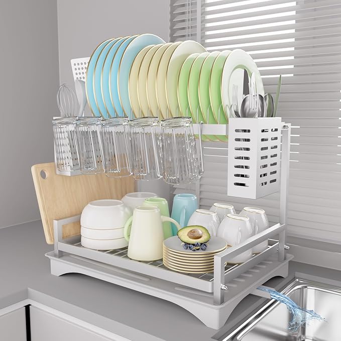 B-Land Dish Drying Rack: 2 Tier Dish Racks for Kitchen Counter - Large Rust Proof Dish Drying Rack with Aluminum - Detachable Dish Drainer Organizer with Utensil Holders Drainboard Silver