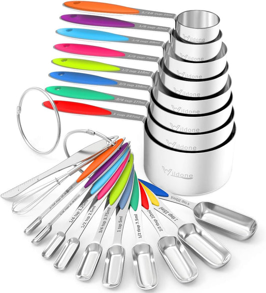 Measuring Cups and Spoons - Wildone Stainless Steel 20 Piece Stackable Set, Includes 8 Measuring Cups, 10 Measuring Spoons, 1 Leveler & 1 Whisk, for Dry and Liquid Ingredient