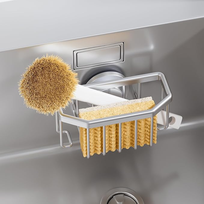 TAILI Sponge Holder for Kitchen Sink with Strong Suction Cup Removable, Rustproof Aluminum Sink Caddy for Sponge, Brush, Scrubber, Scraper -Silver