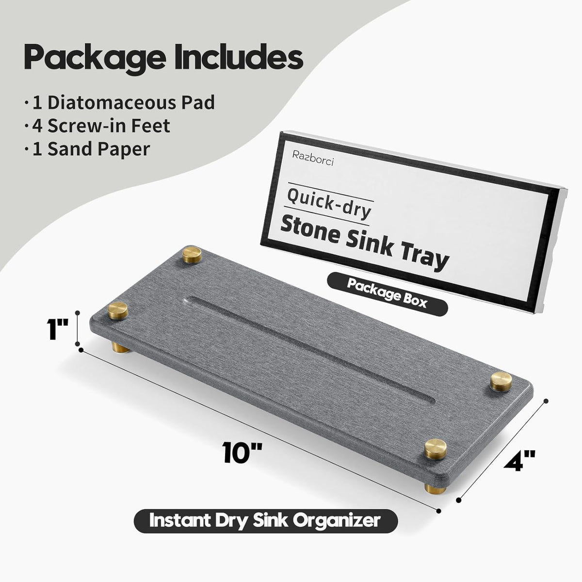 Kitchen Sink Caddy Water Absorbing Stone Drying Tray, Diatomite Bathroom Sink Organizer, Faucet Counter Mat Coaster, Soap Dish Rack Riser Dispenser Sponge Holder, Dark Gray Gold 10" x 4"