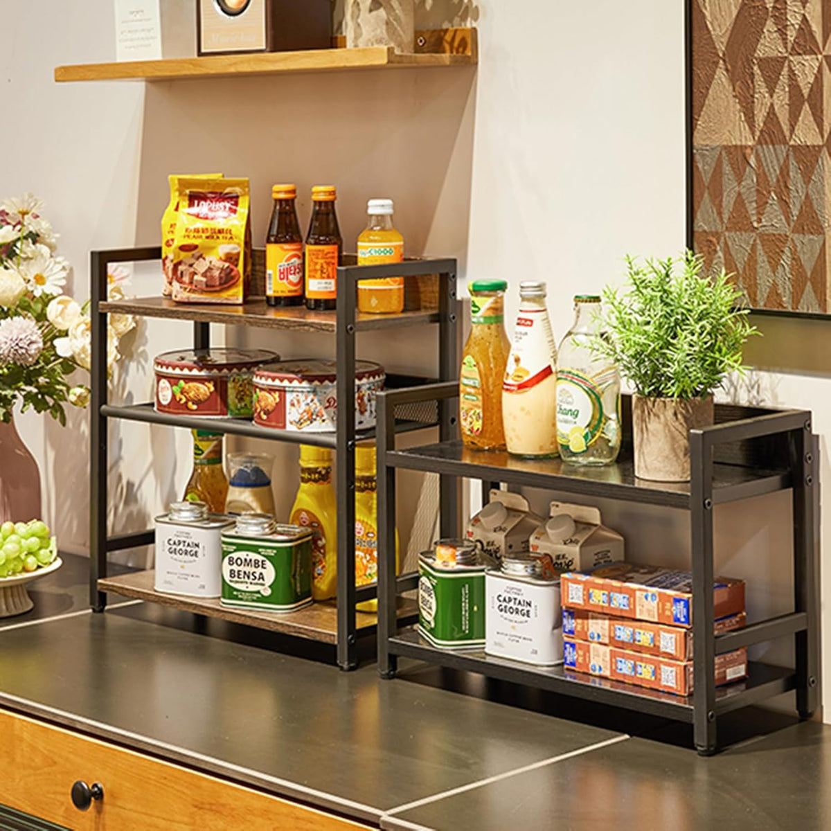 IBUYKE 3-Tier Spice Rack Industrial Counter Shelf Desktop Storage Organizer Standing Seasoning Rack for Countertop Kitchen Office Living Room Desktop Dark Grey UTLJ021G