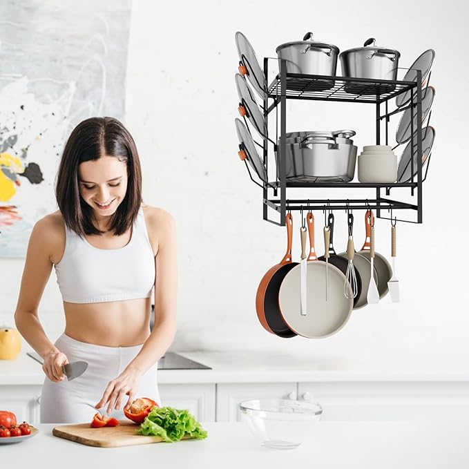 VyGrow 17 Inch Pot Rack Wall Mounted, 2 Tier Pots and Pans Organizer with 10 Hooks and 6 Pot Lid Holders, Heavy Duty Steel Pot and Pan Hanger for Kitchen Cookware Utensils Storage 24" Lx13 Wx20.5 H
