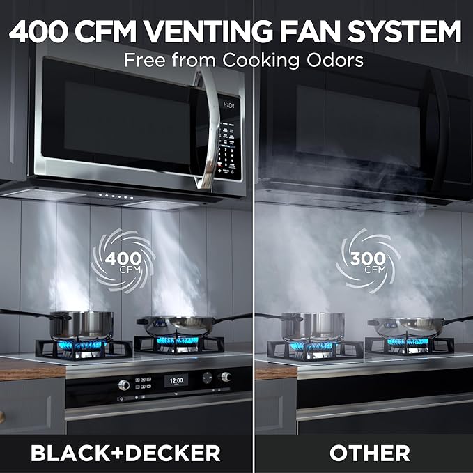 BLACK+DECKER EM044KB19 Over The Range Microwave Oven with One Touch, 1000 Watts, 400 CFM and Auto Cooking, OTR 1.9 Cu.ft