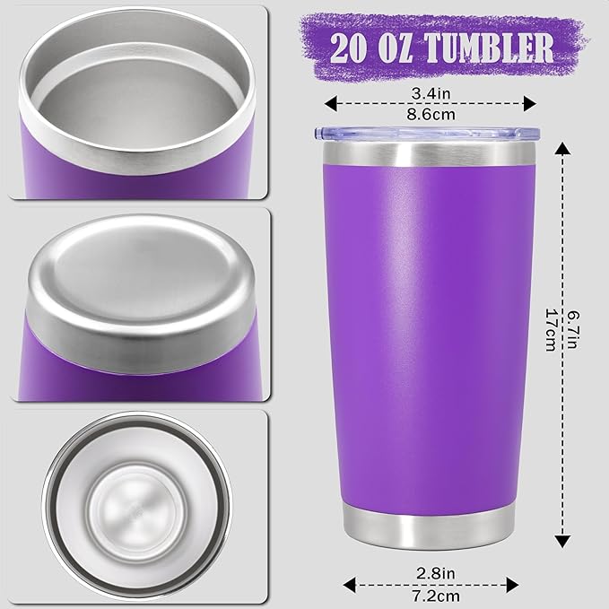 20 oz Tumbler Coffee Travel Tumblers Bulk with Lid Stainless Steel Double Wall Vacuum Insulated Mug Powder Coated Cups fit Car Cupholder for Hot and Cold - Purple, 8Pack